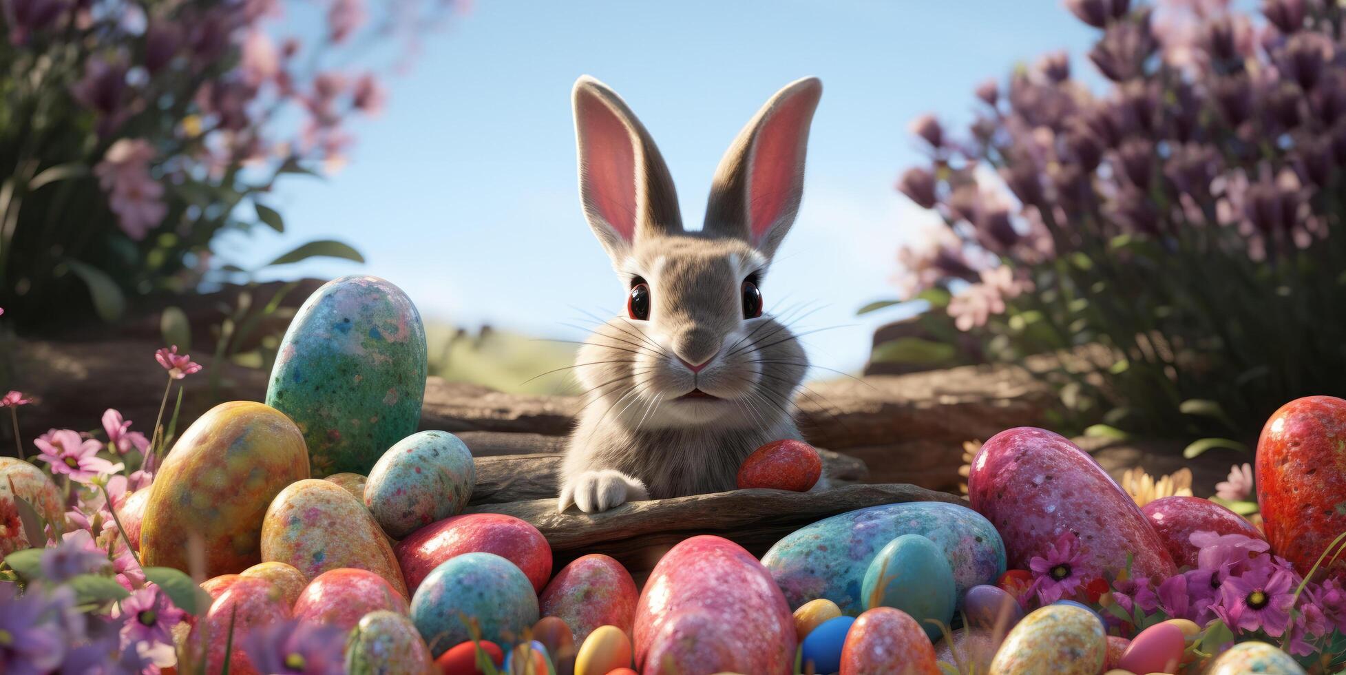 ai generado un Pascua de Resurrección conejito es mirando a un grupo de vistoso huevos foto