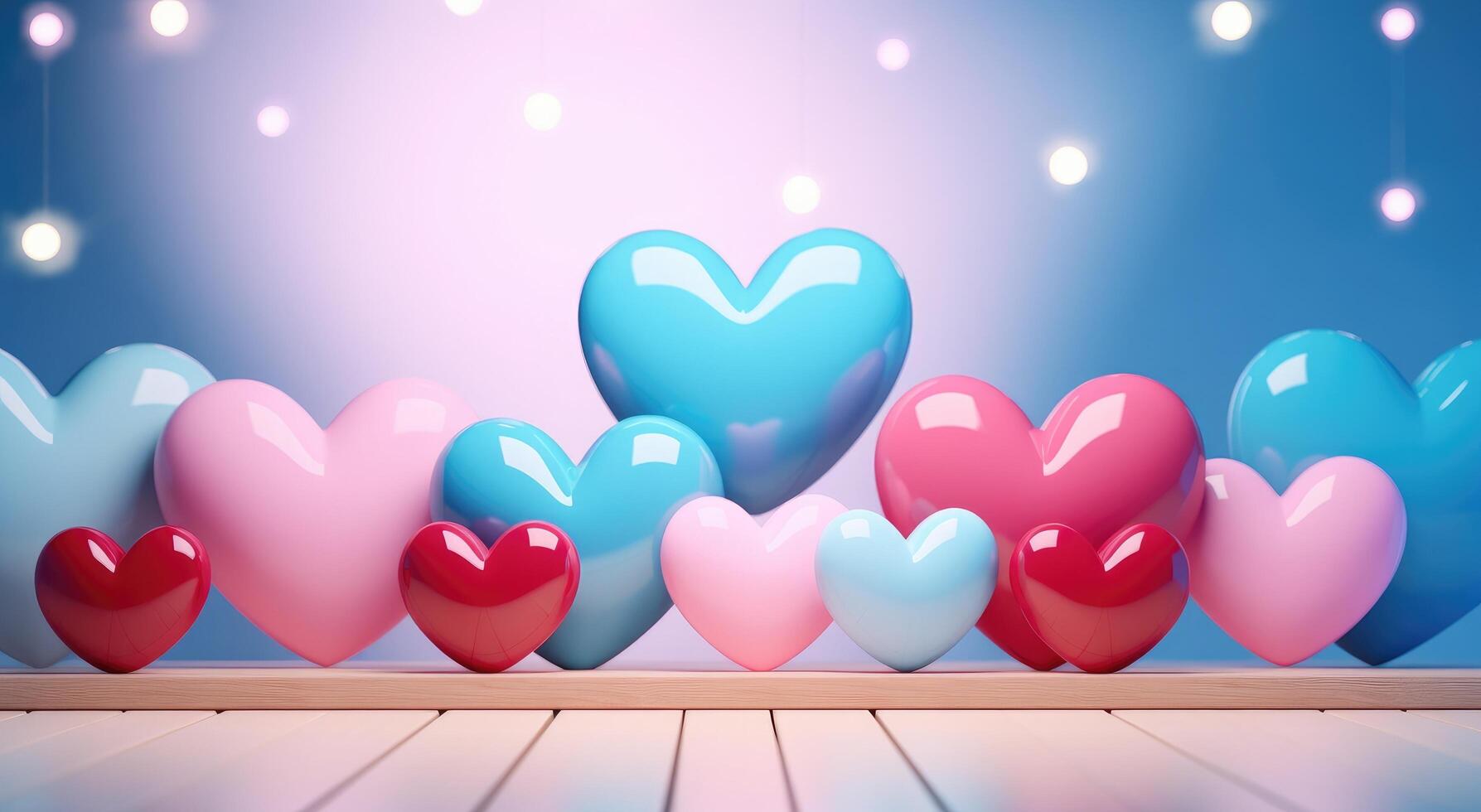 AI generated blue and pink colorful heart toys by the wood with light abstract photo