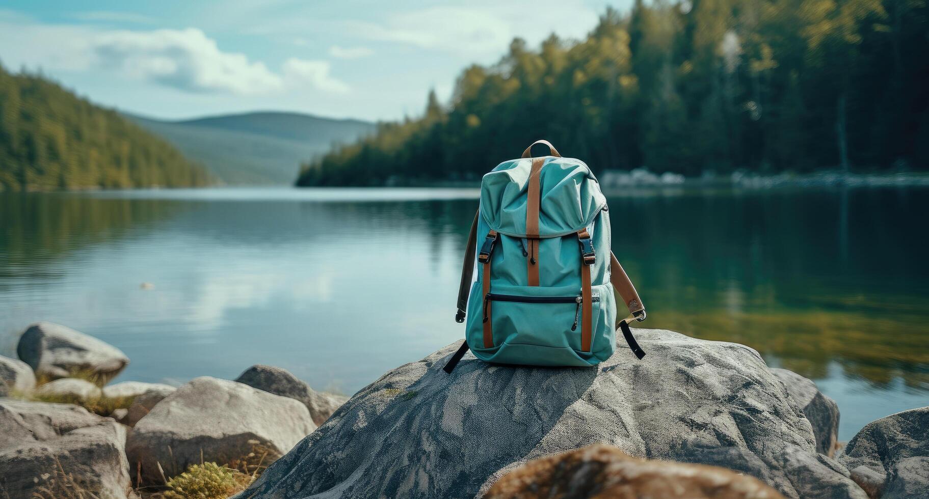 ai generado un al aire libre mochila en un rock cerca un lago foto