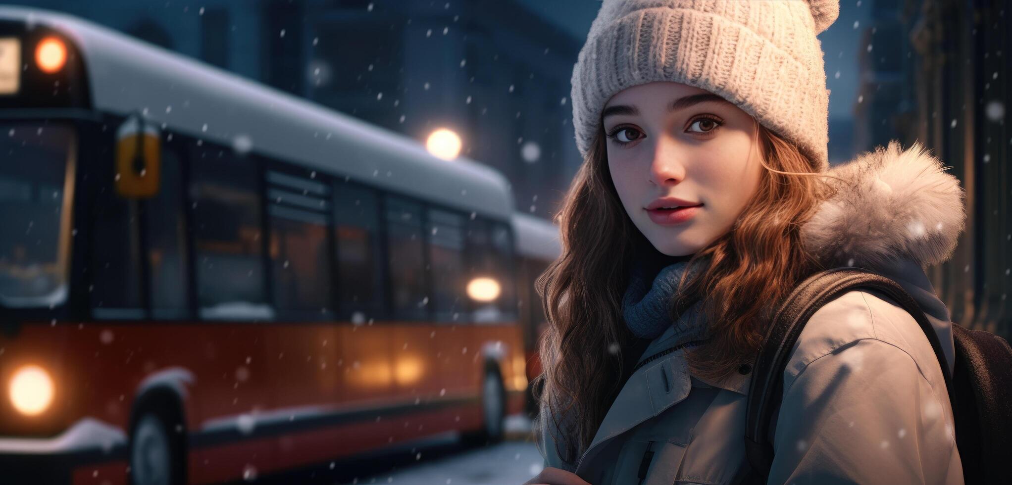 AI generated beautiful portrait of girl standing in the snow looking at a bus or street scene photo