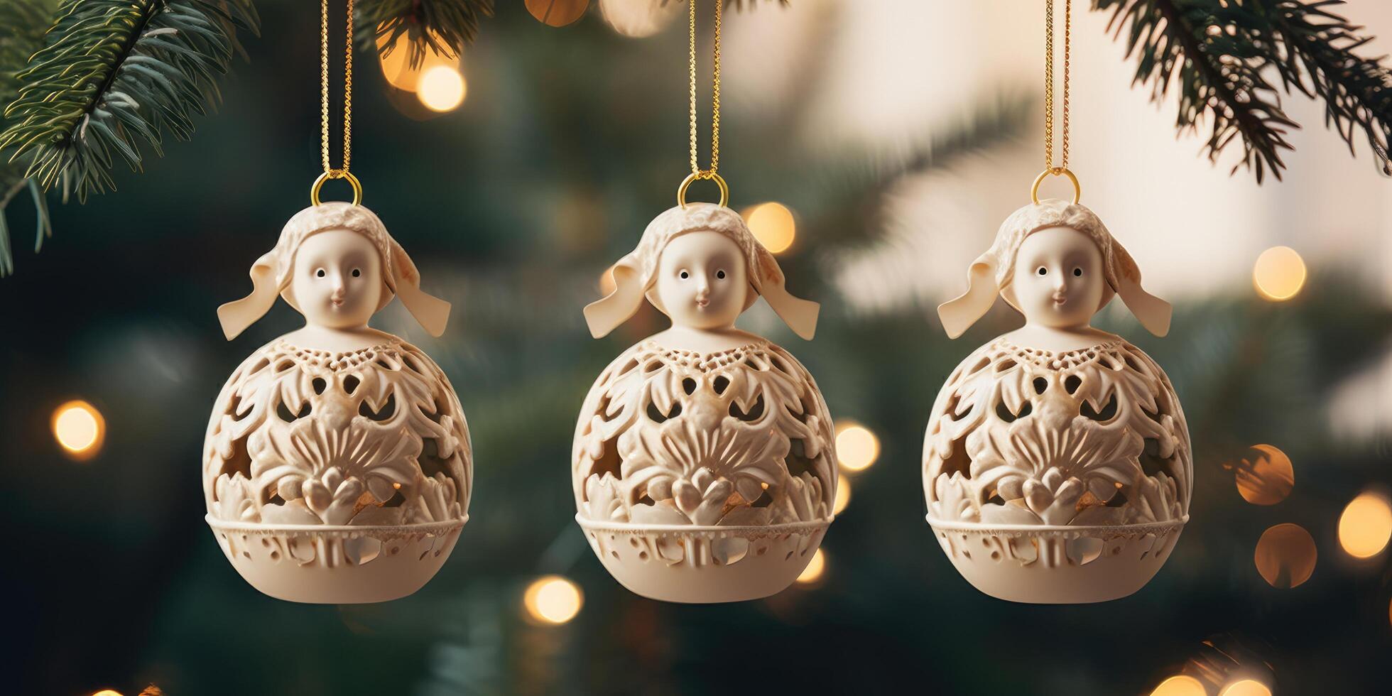 AI generated angel ornaments hanging off of a christmas tree photo