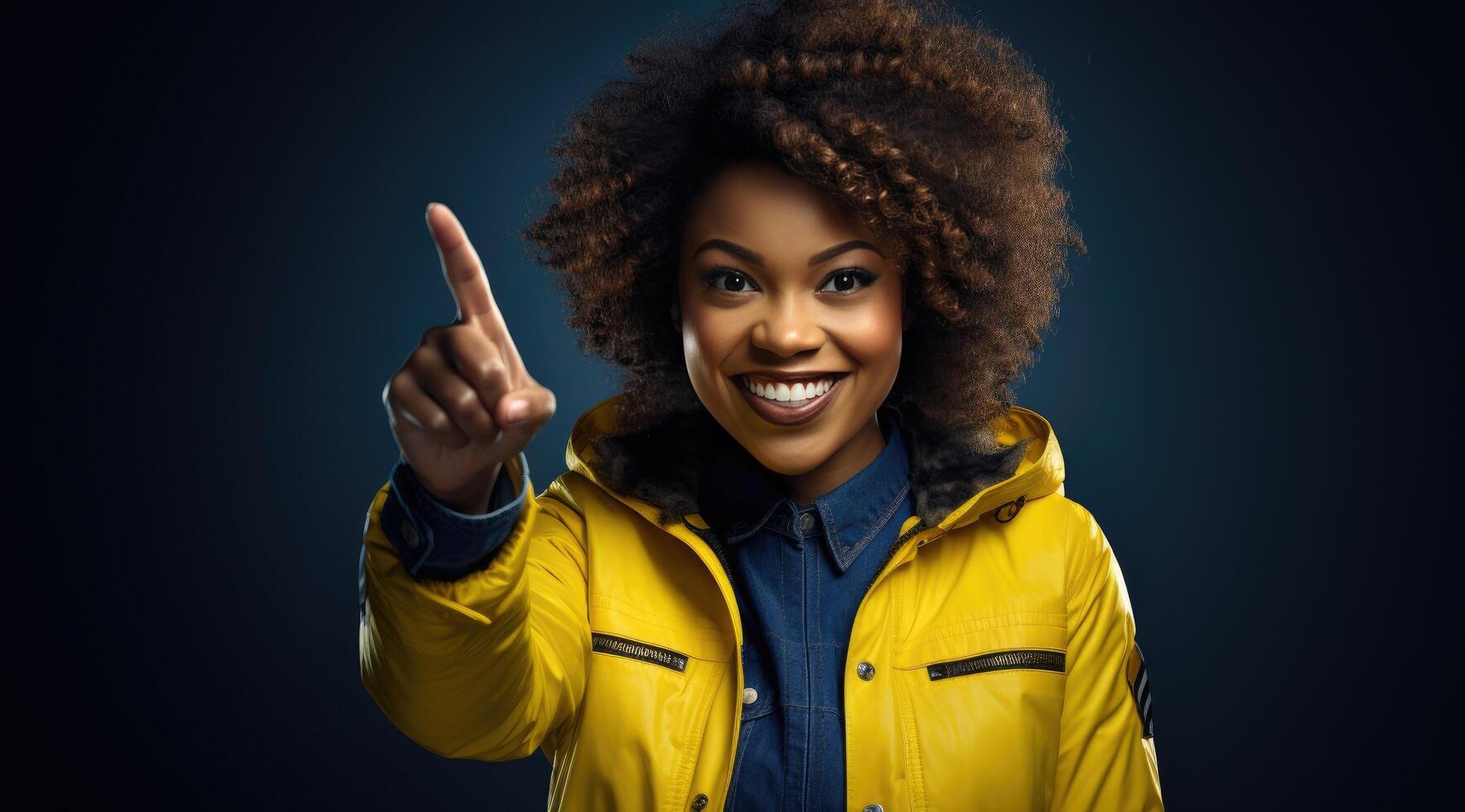 AI generated black african woman pointing pointing at her fingers photo