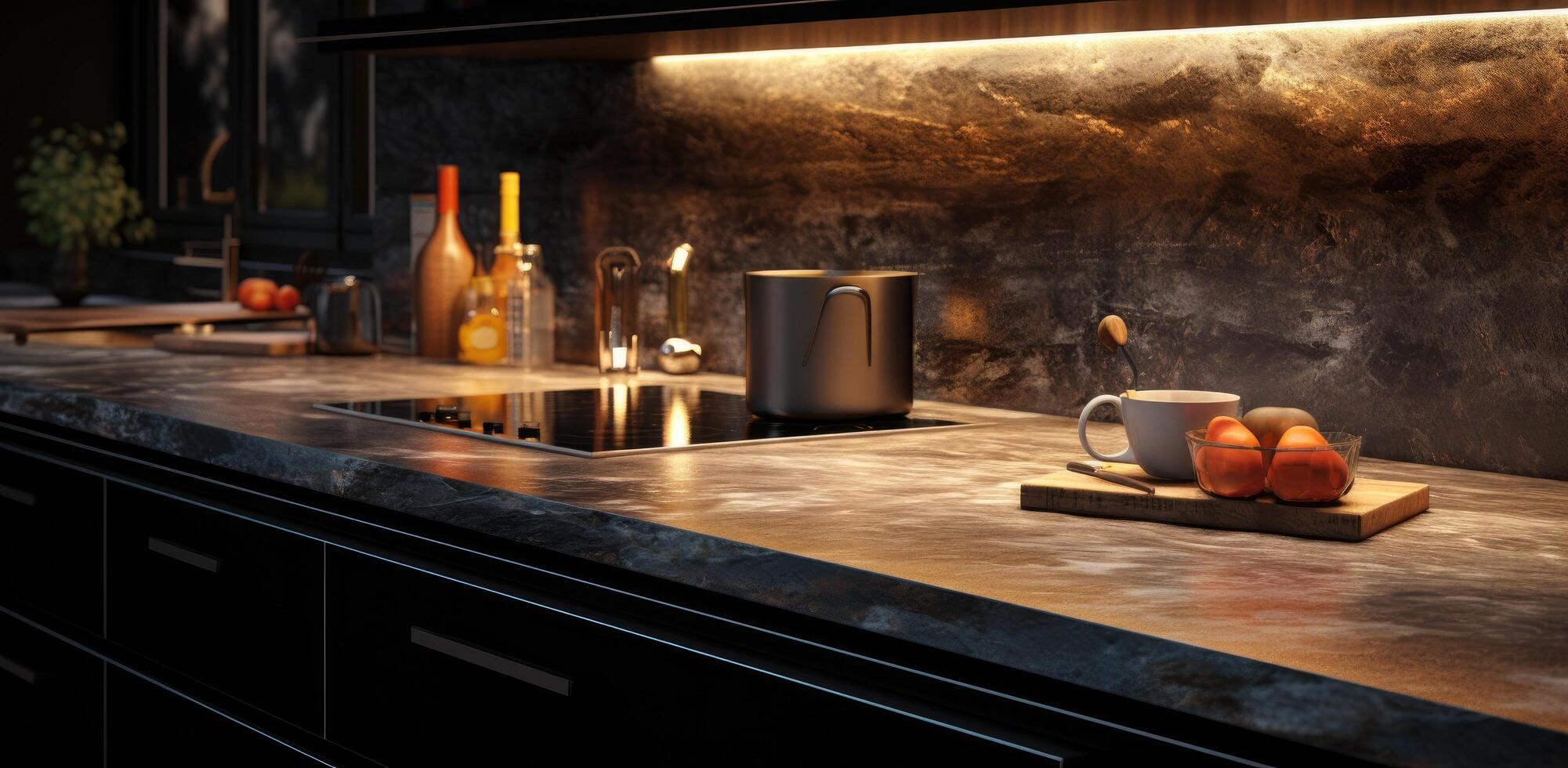 AI generated black kitchen counter top under a lamp, photo