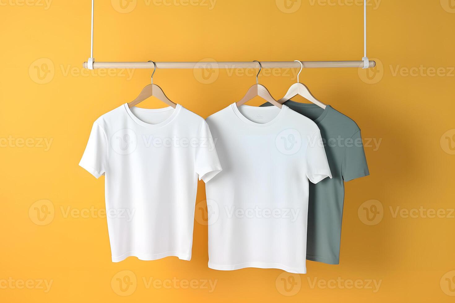 AI generated Hangers with blank monocolor t-shirts on yellow background, neural network generated image photo
