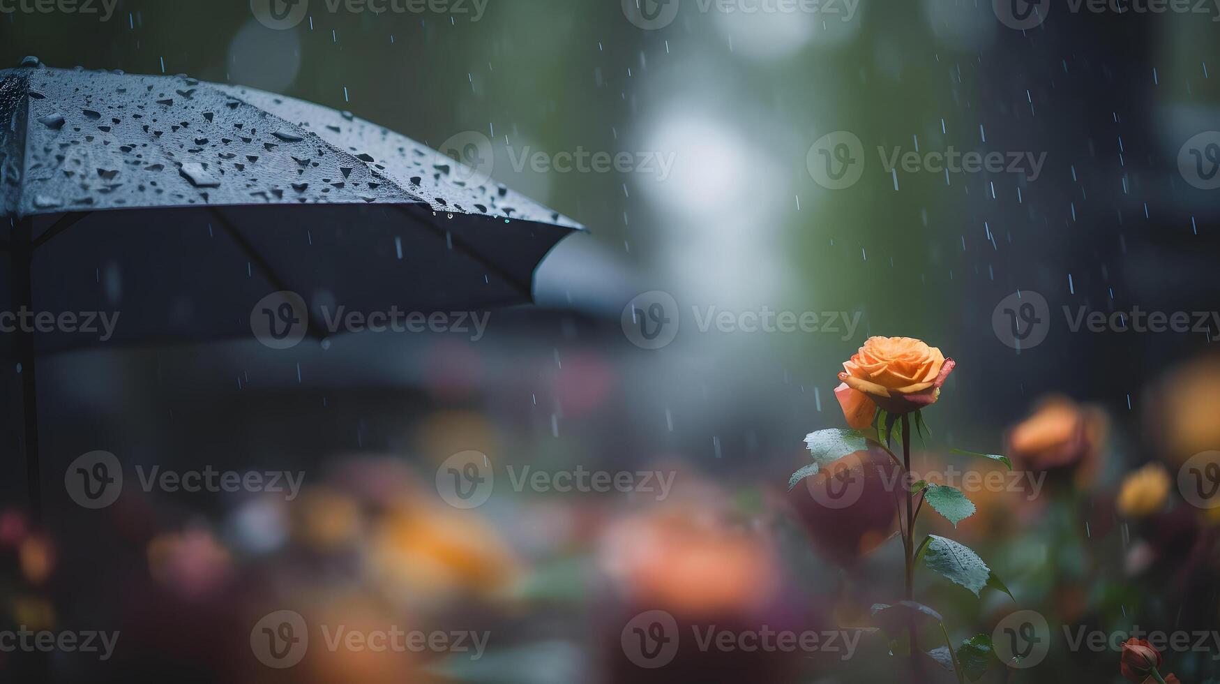 AI generated rainy funeral with bokeh, neural network generated photorealistic image photo
