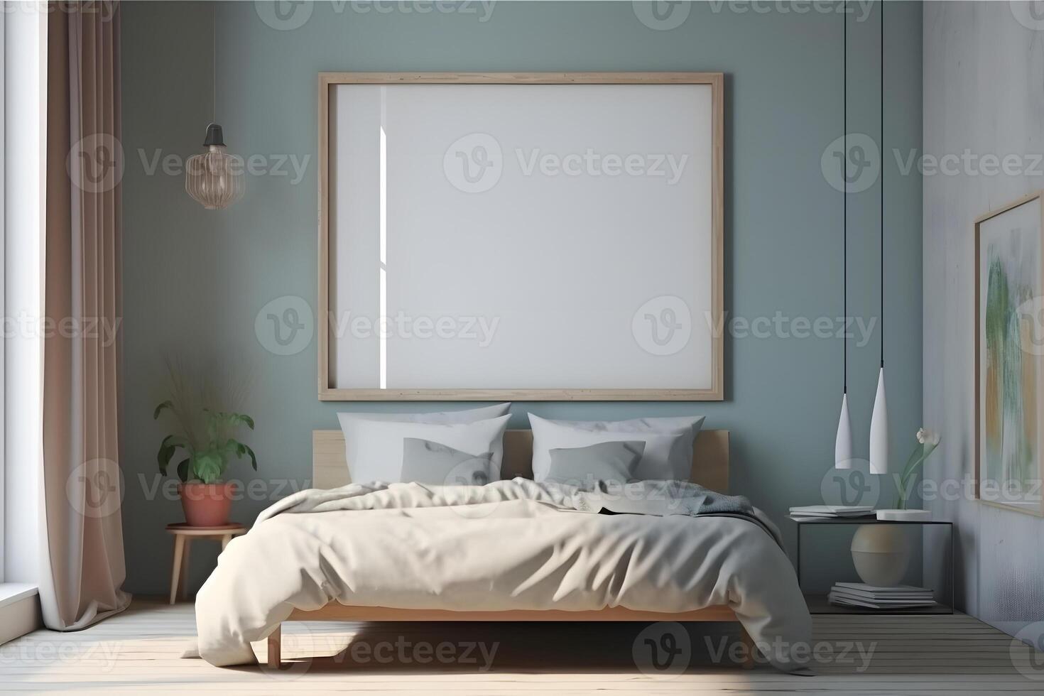 AI generated mockup picture frame hanging above the bed in white master bedroom interior, neural network generated photorealistic image photo