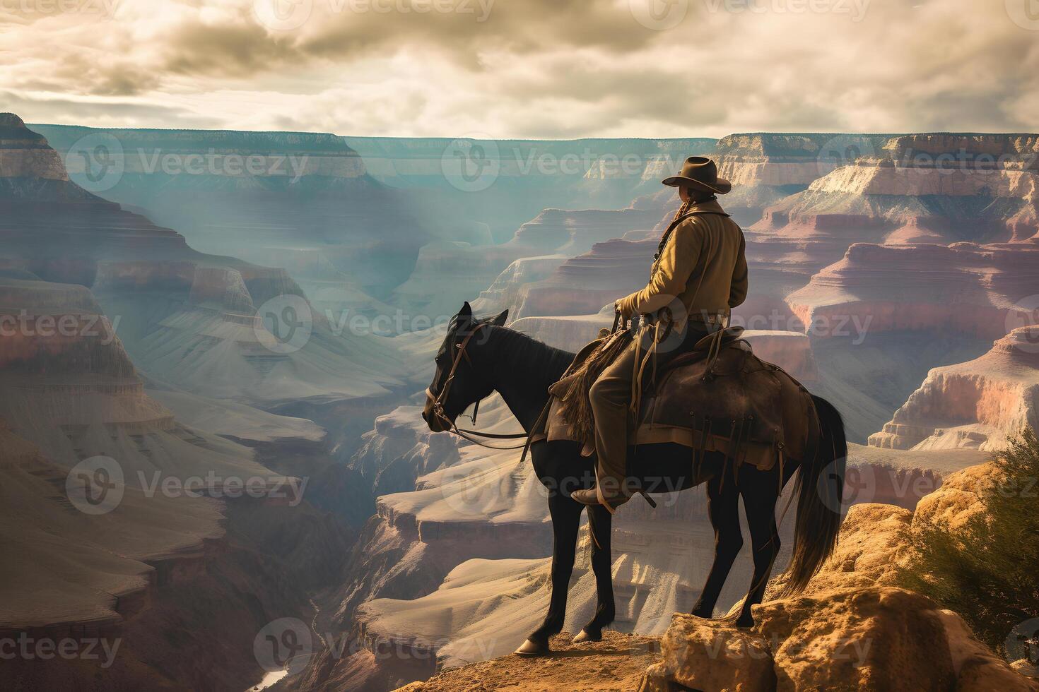 AI generated cowboy on the horse at edge of the grand canyon, neural network generated photorealistic image photo