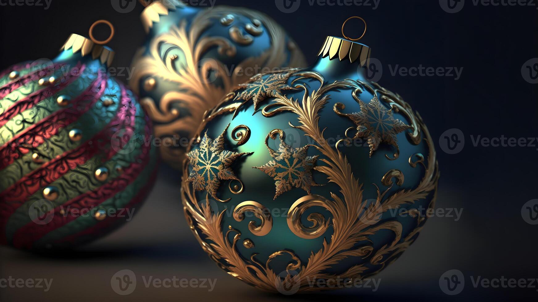 AI generated colorful christmas balls with complex ornaments close-up, neural network generated art photo