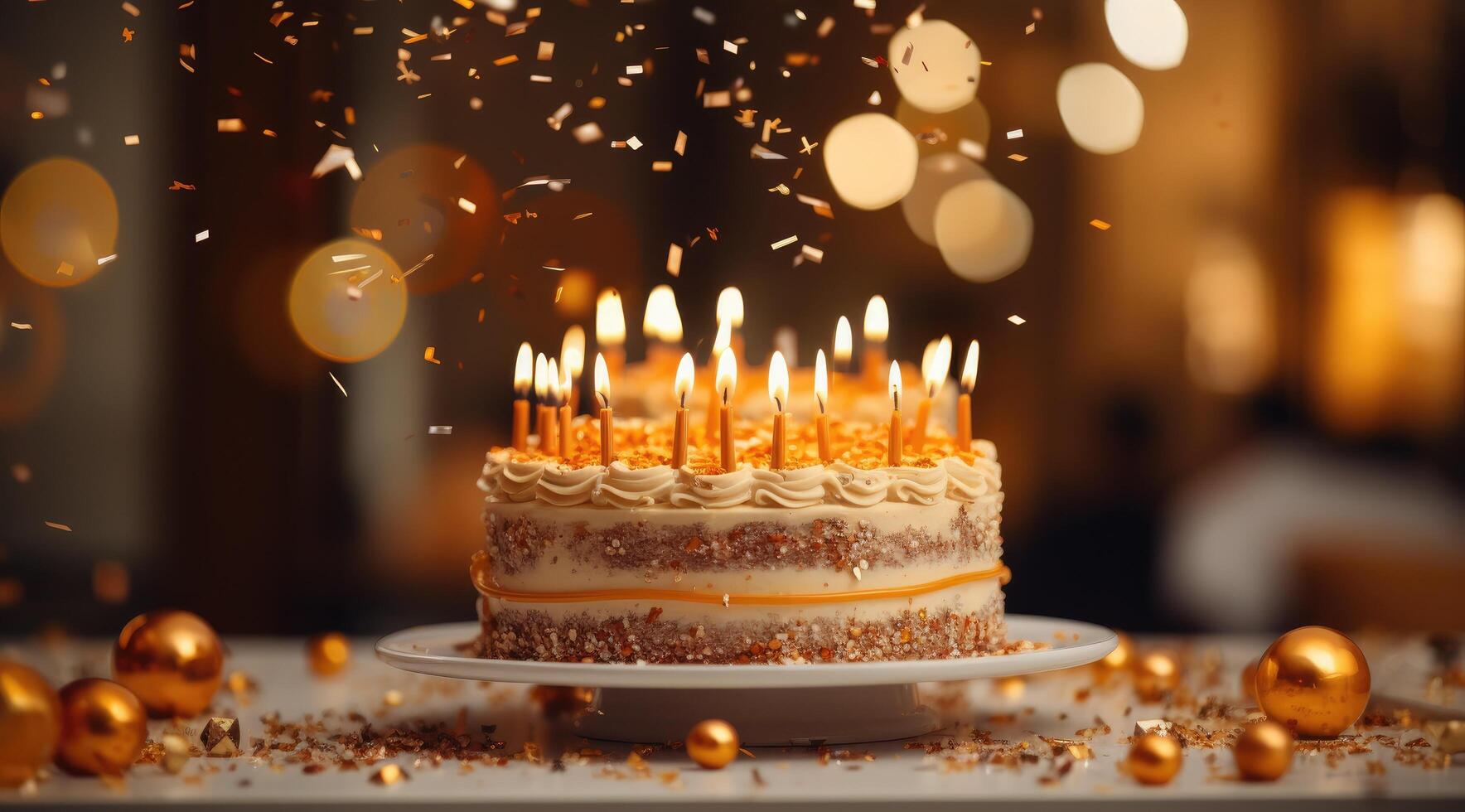 ai generado cumpleaños pastel con un montón de velas en oro plato foto