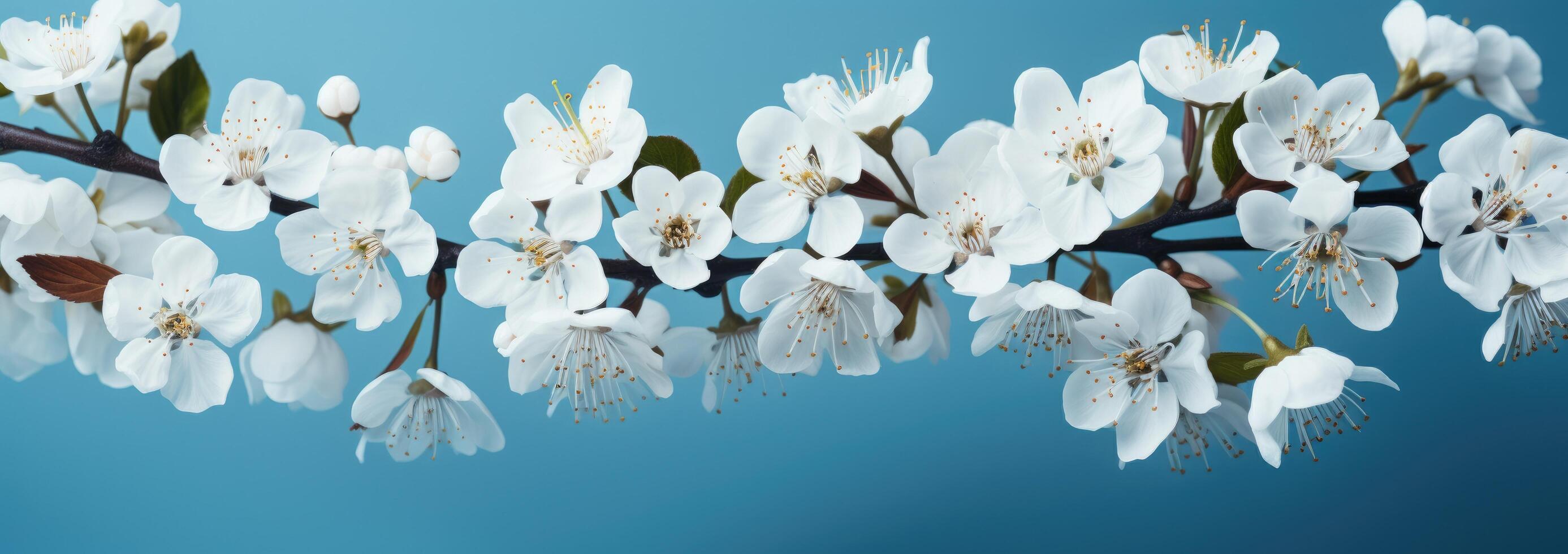 AI generated beautiful white flowers are shown against a blue backdrop photo