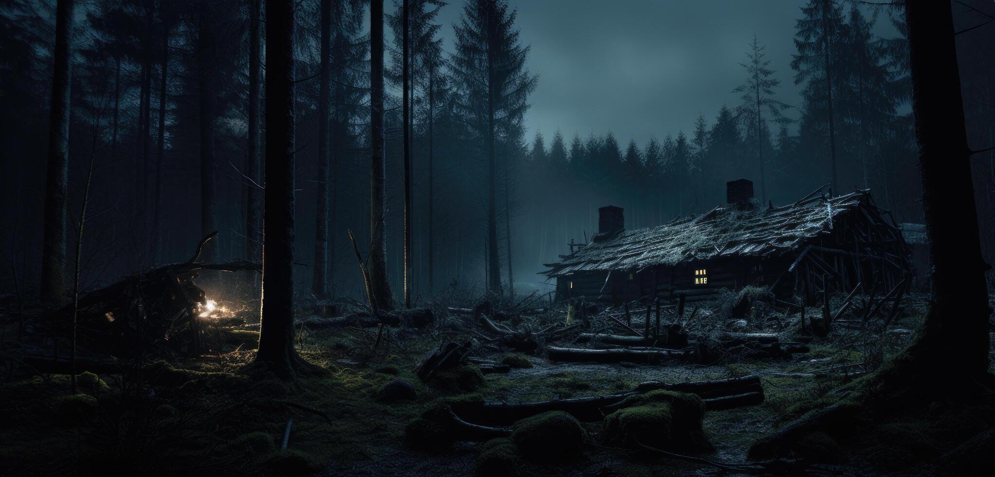 AI generated cabin in the dark forest winter forest wallpaper photo