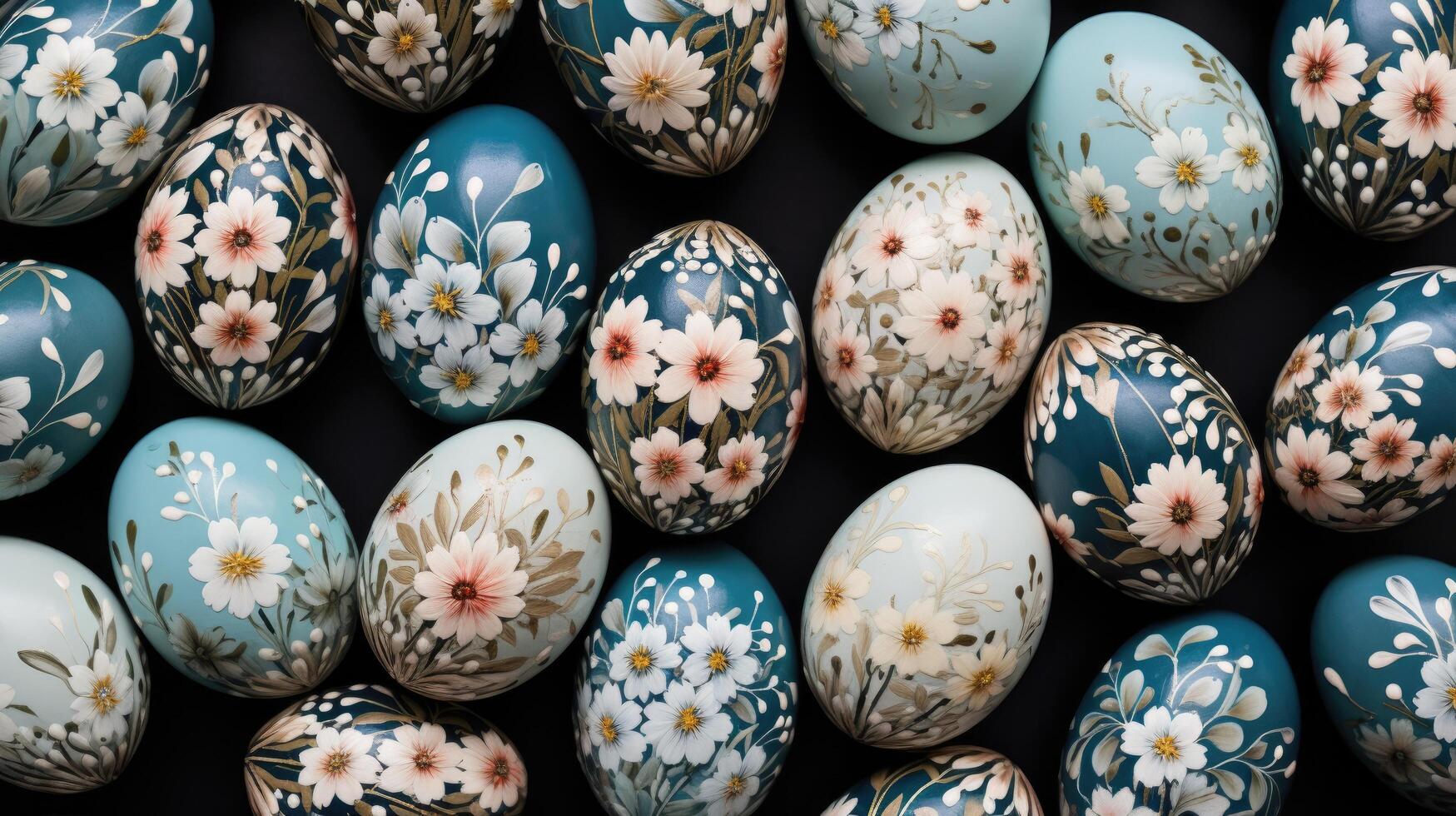 AI generated blue floral painted easter eggs are lined up in rows photo