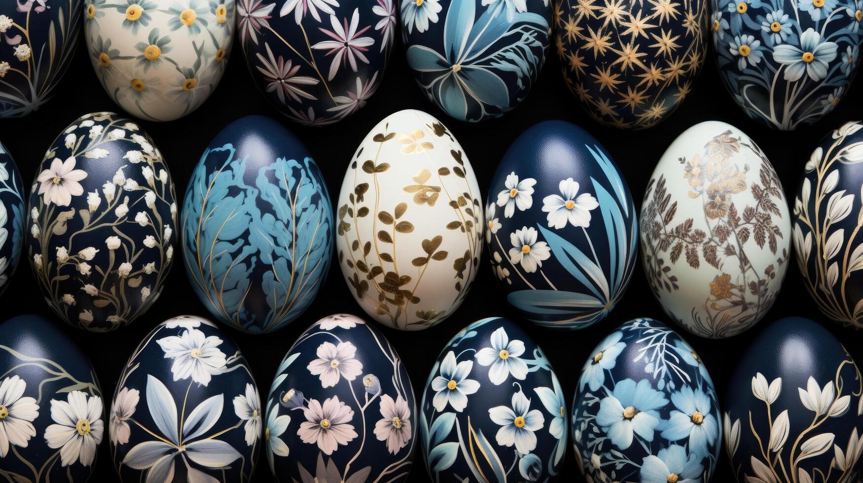 AI generated blue floral painted easter eggs are lined up in rows photo