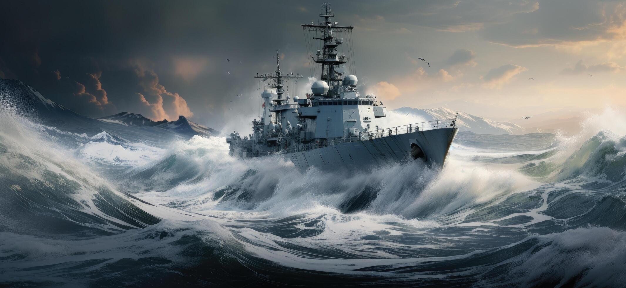 AI generated an image of an actual naval ship riding an ocean wave photo