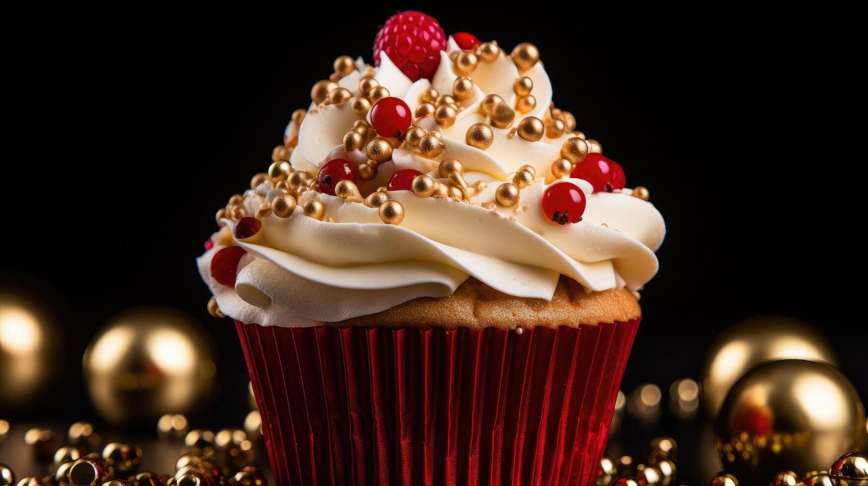 AI generated an image of red holiday cupcake with cinnamon berries and star, photo