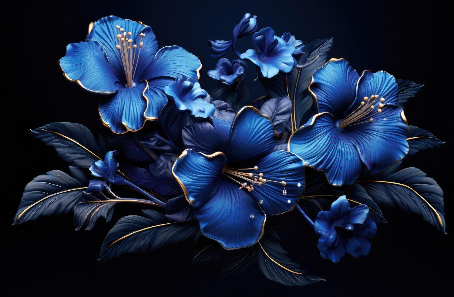 AI generated blue tropical flowers with leaves on blue background photo