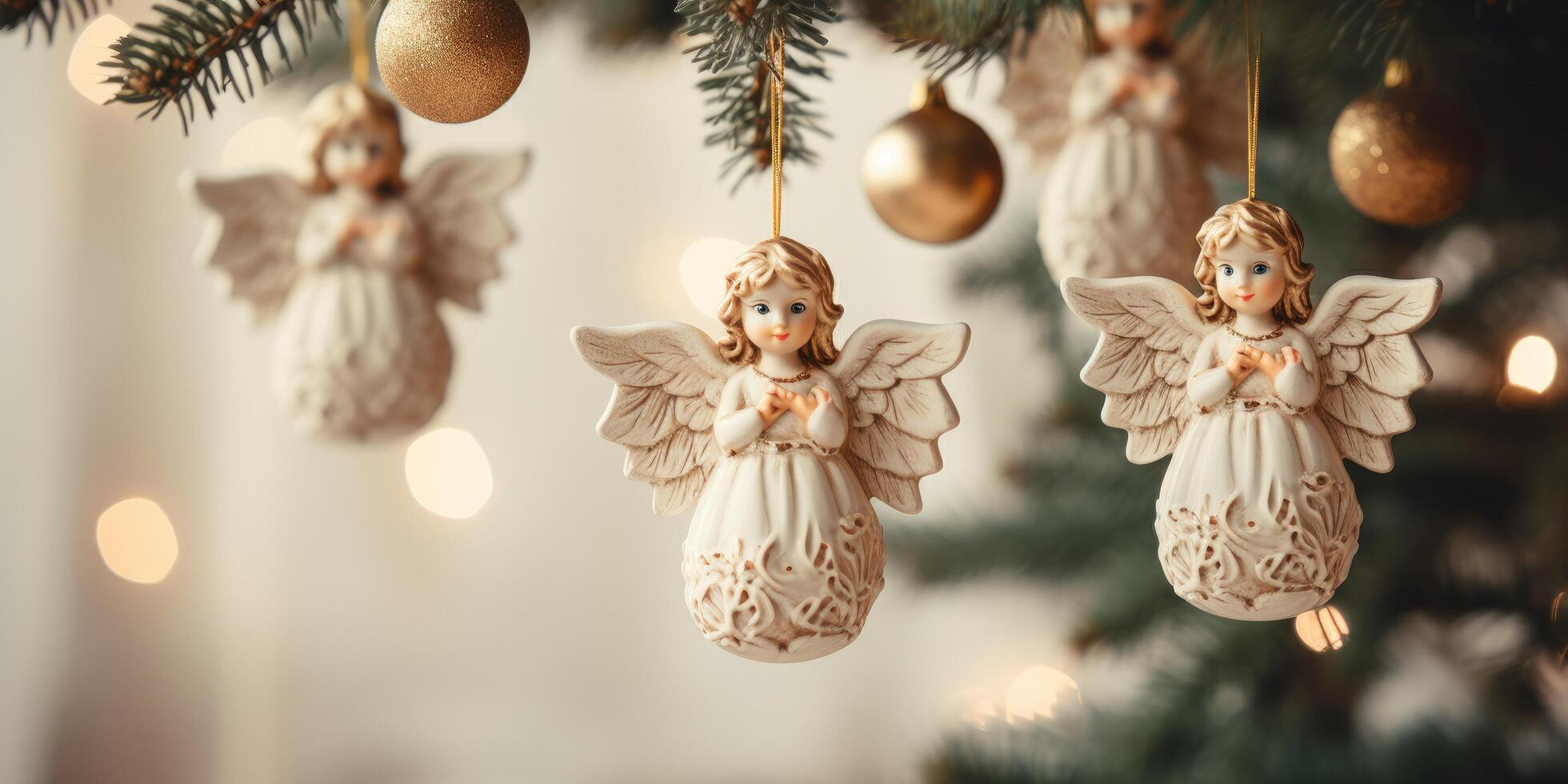 AI generated angel ornaments hanging off of a christmas tree photo