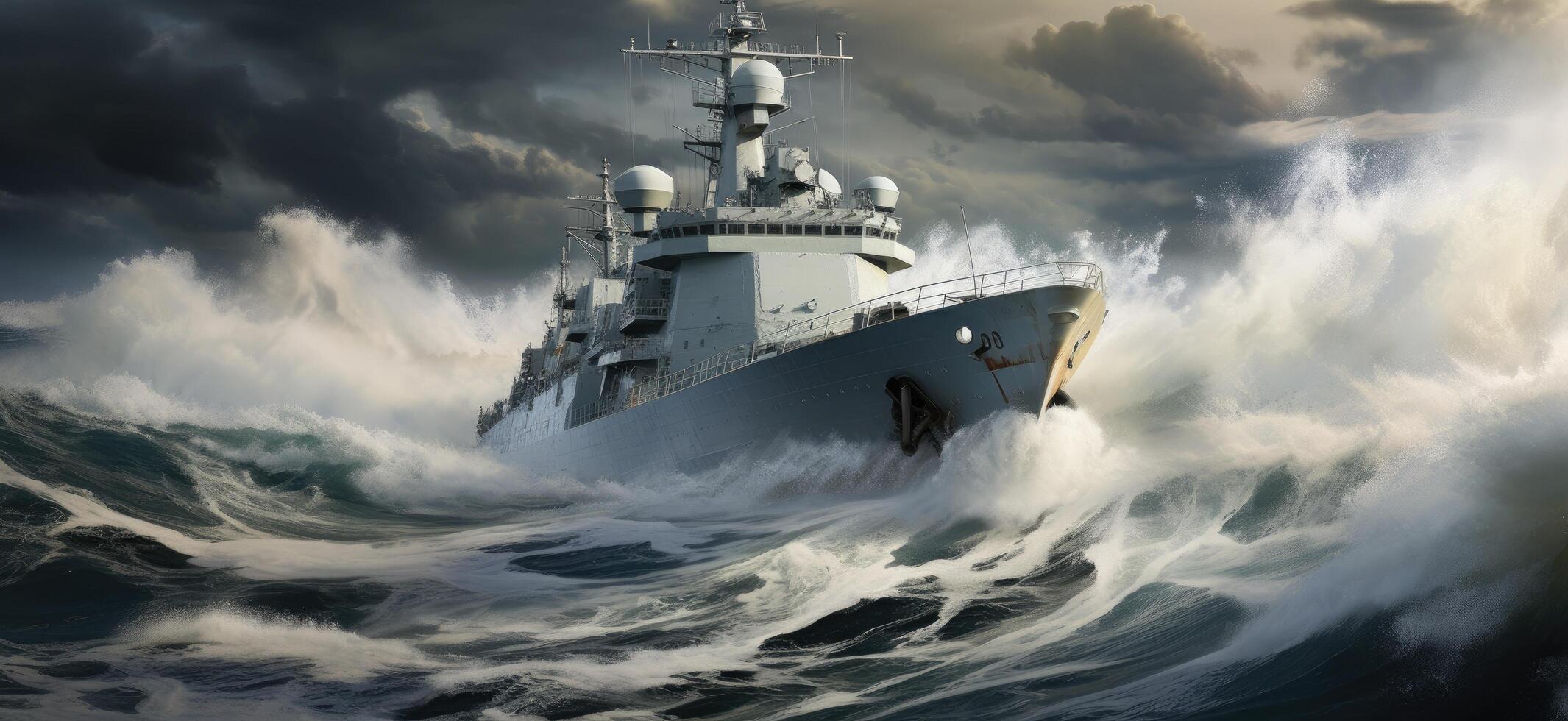 ai generado un imagen de un real naval Embarcacion montando un Oceano ola foto