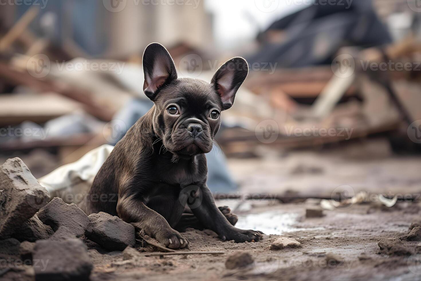 AI generated alone and hungry French Bulldog after disaster on the background of house rubble, neural network generated image photo