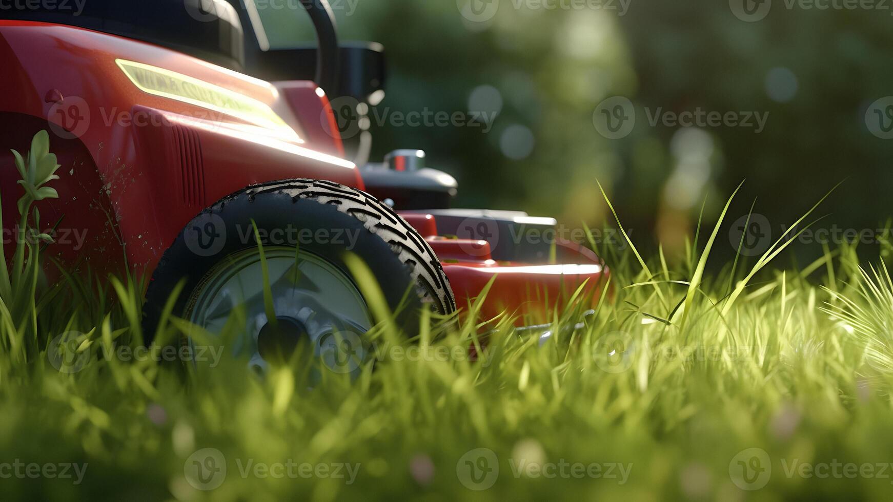 AI generated close up of lawn mower in action on lawn at sunny summer day, neur al network generated image photo