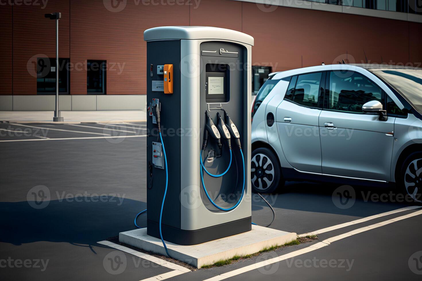 AI generated electrical vehicle near charging station in daytime summer urban environment, neural network generated art photo