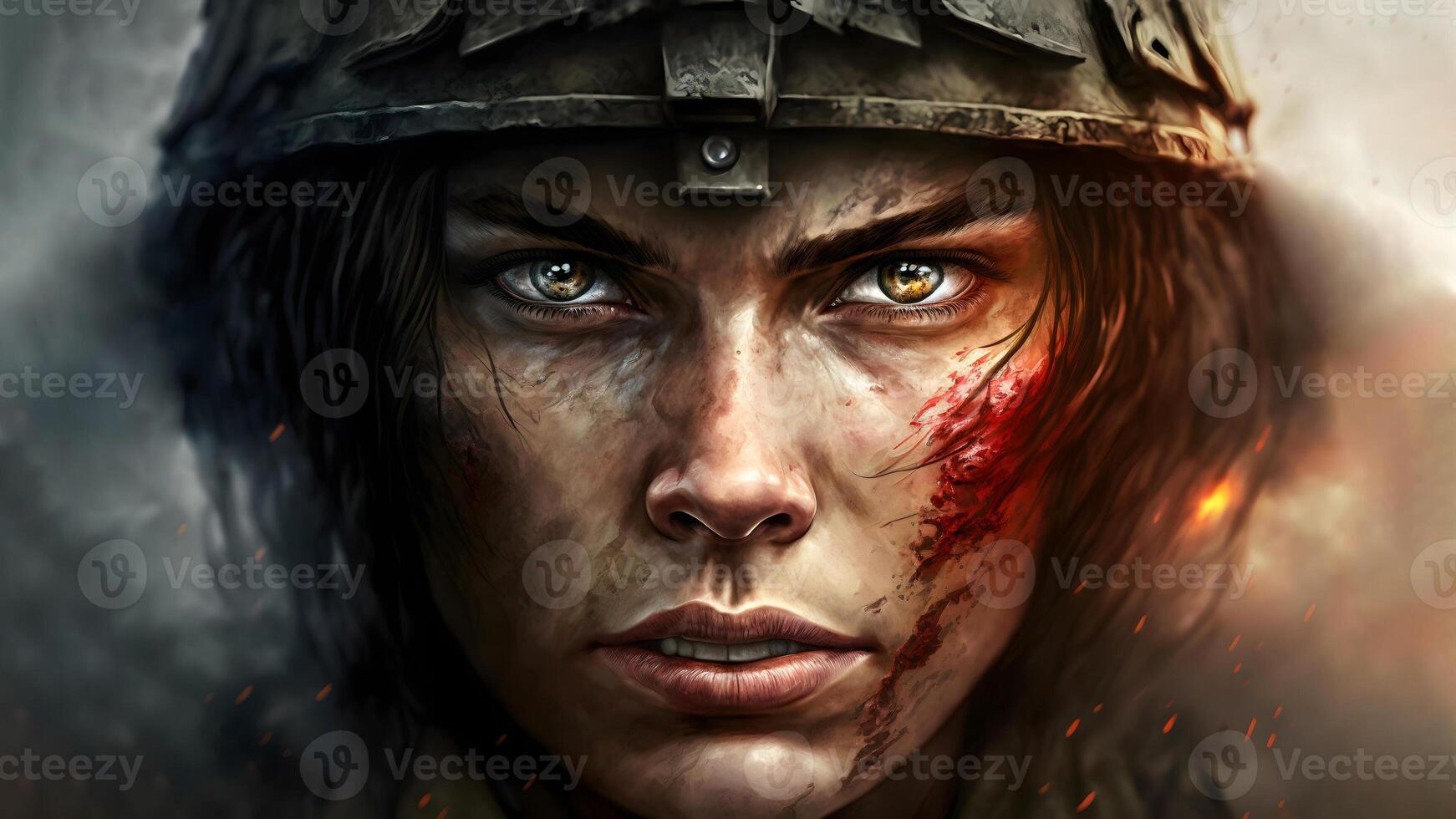 AI generated dramatic closeup facial portrait of dirty caucasian soldier woman in helmet, neural network generated art photo