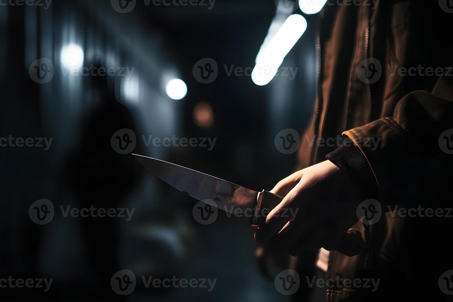 AI generated closeup view of of man holding knife in hand in dark backalley, neural network generated photorealistic image photo