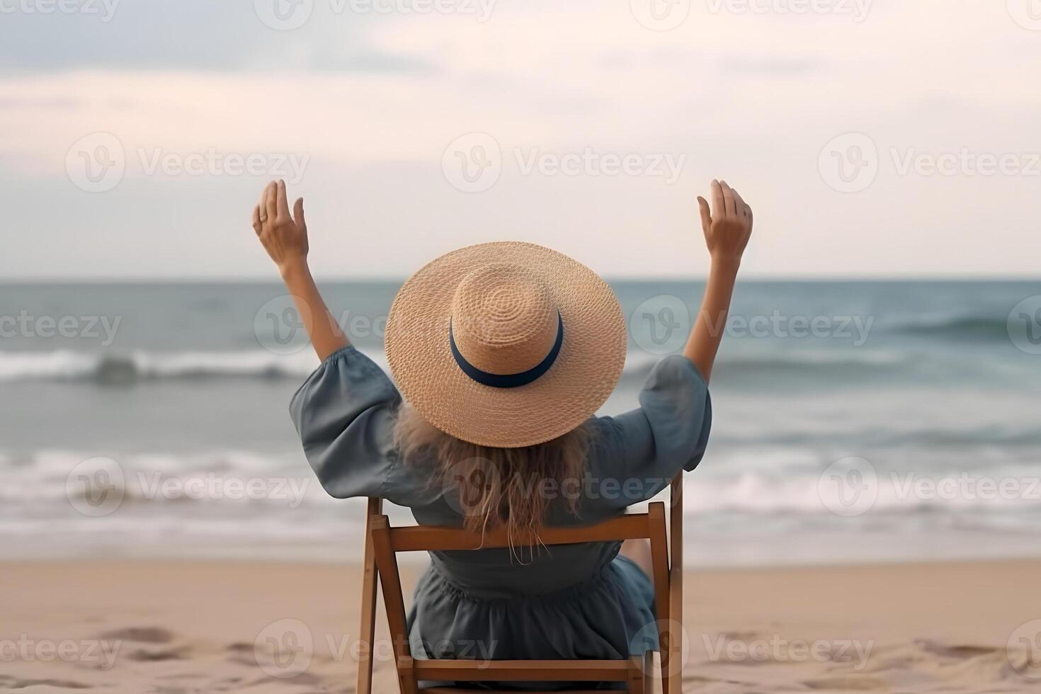 AI generated Summer beach vacation concept. Back view of woman in sun hat with rised hands on sunbed, neural network generated art photo