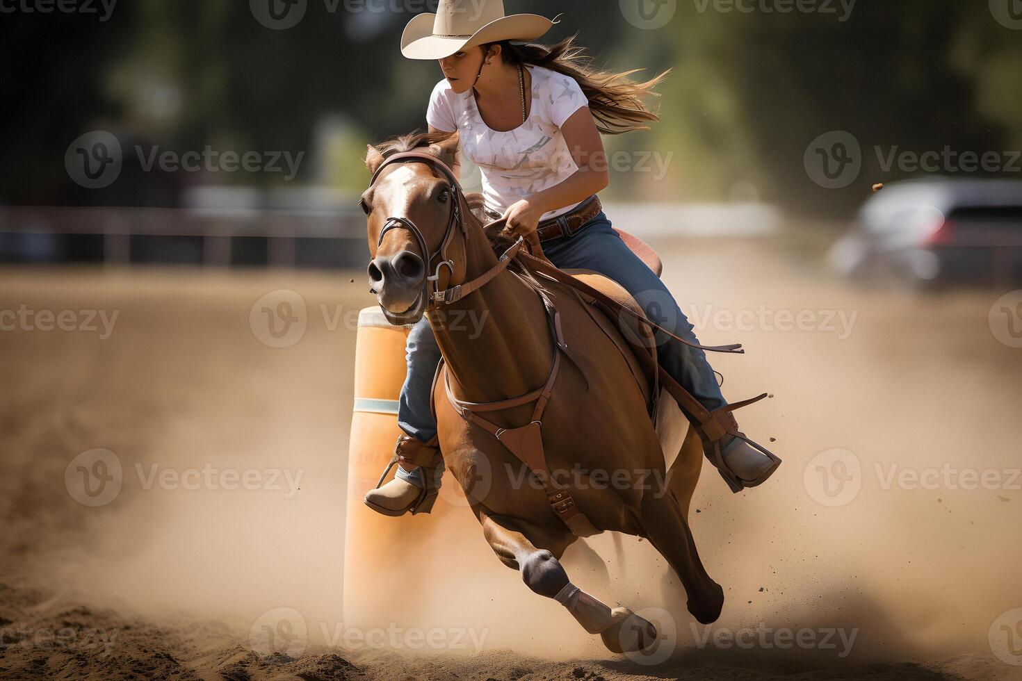 AI generated women horse barrel racing, neural network generated image photo