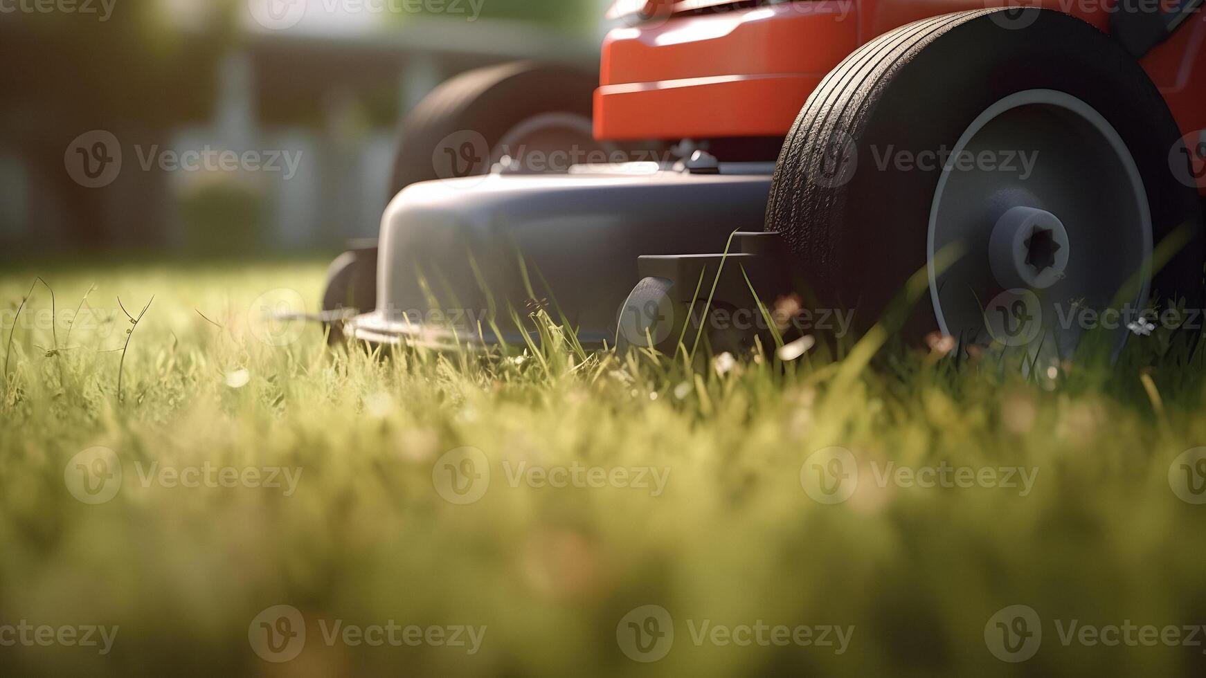 AI generated close up of orange lawn mower in action on lawn at sunny summer day, neur al network generated image photo