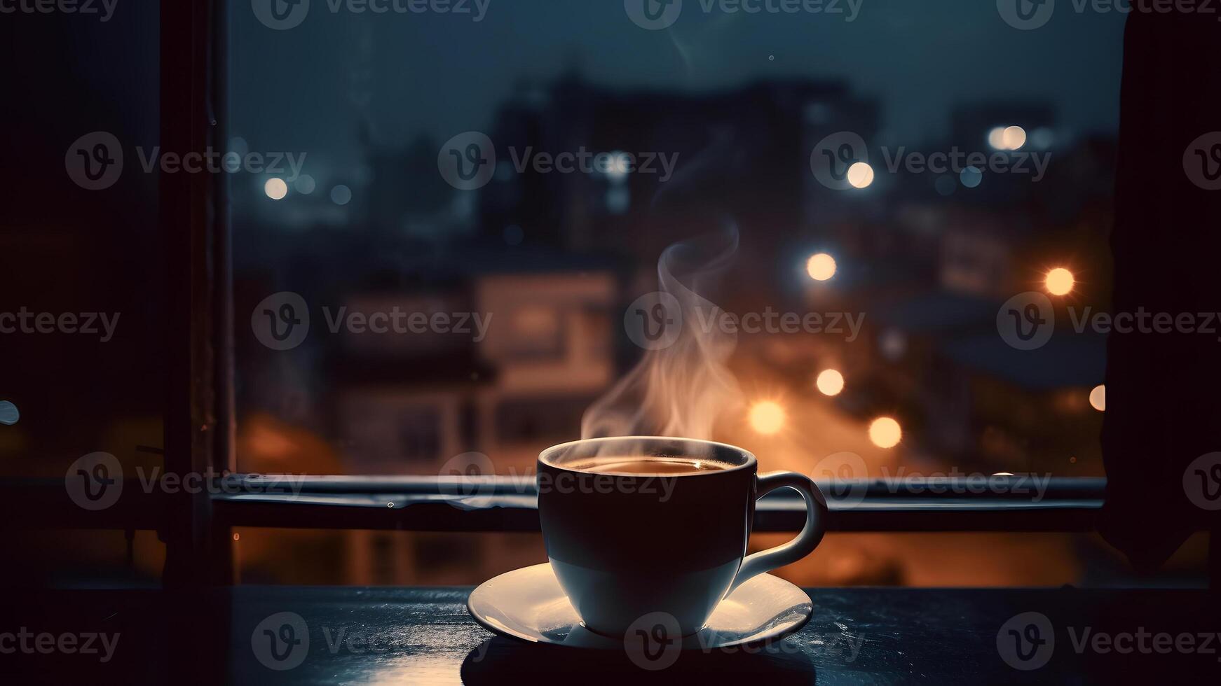 AI generated hot coffee cup on windowsill with blurry night city in the background, neural network generated image photo
