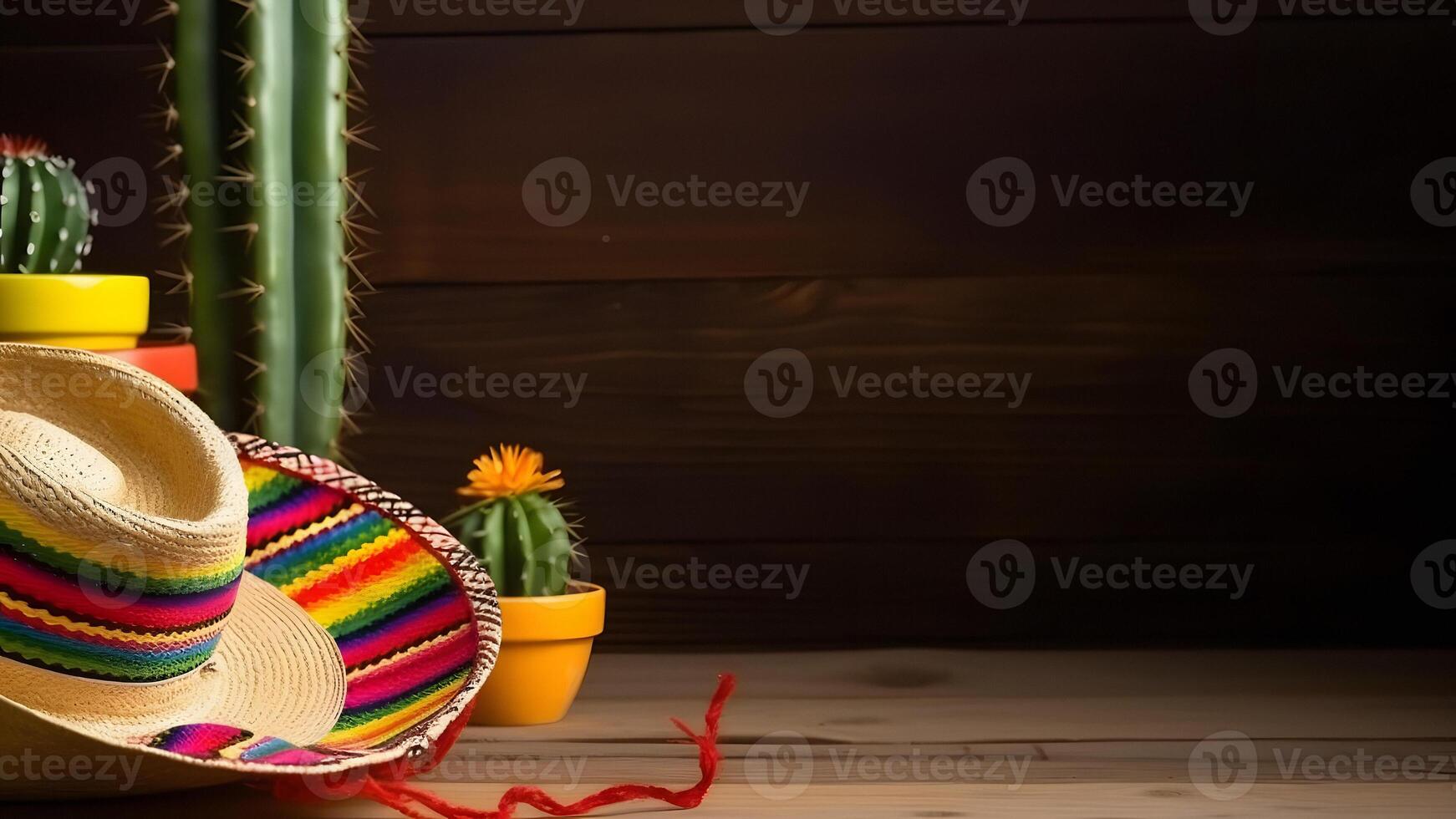 AI generated Cinco de Mayo holiday background with Mexican cactus, sombrero hat on wooden surface, neural network generated image photo