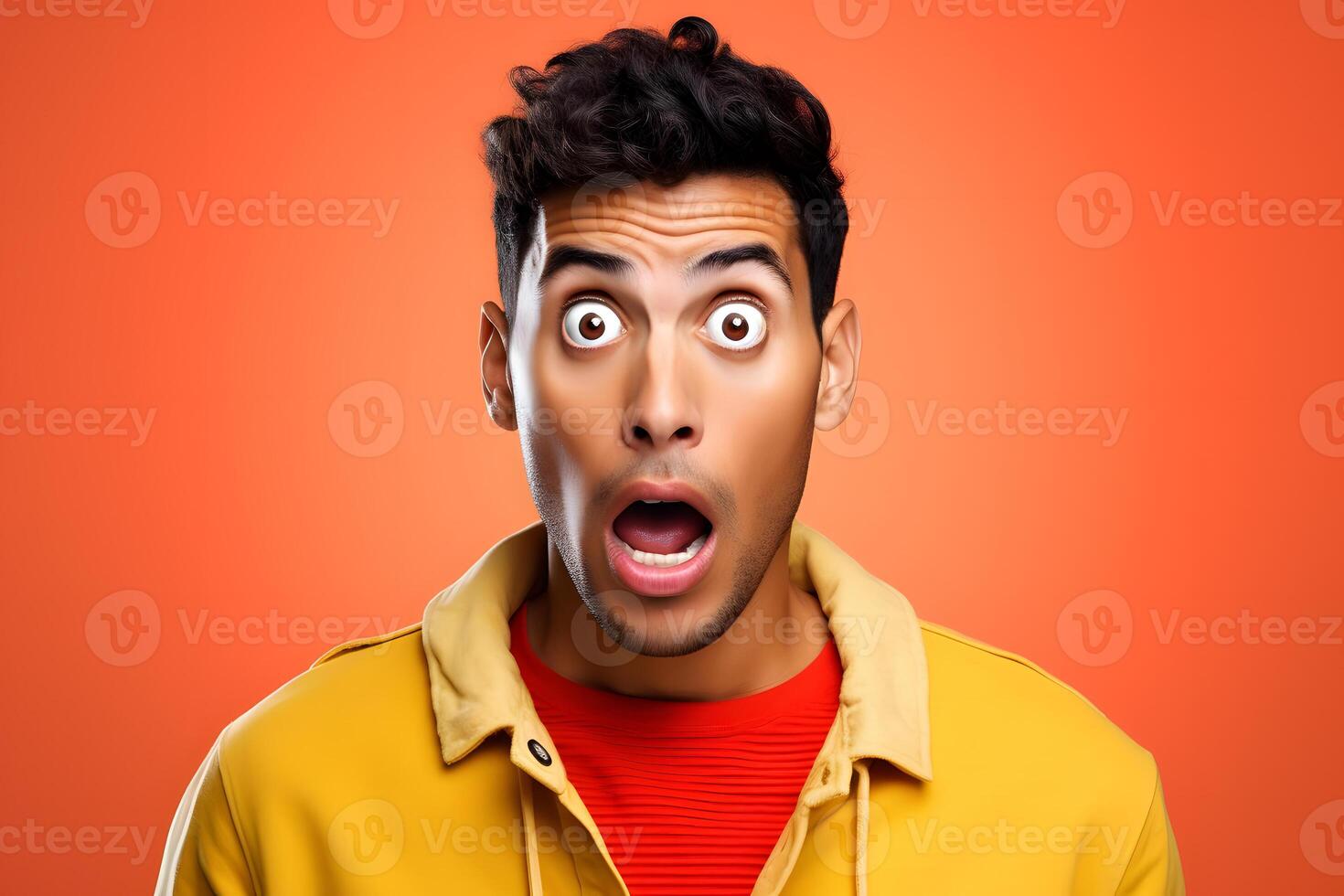 AI generated Surprised young adult Latin American man on orange background. Neural network generated photorealistic image. photo