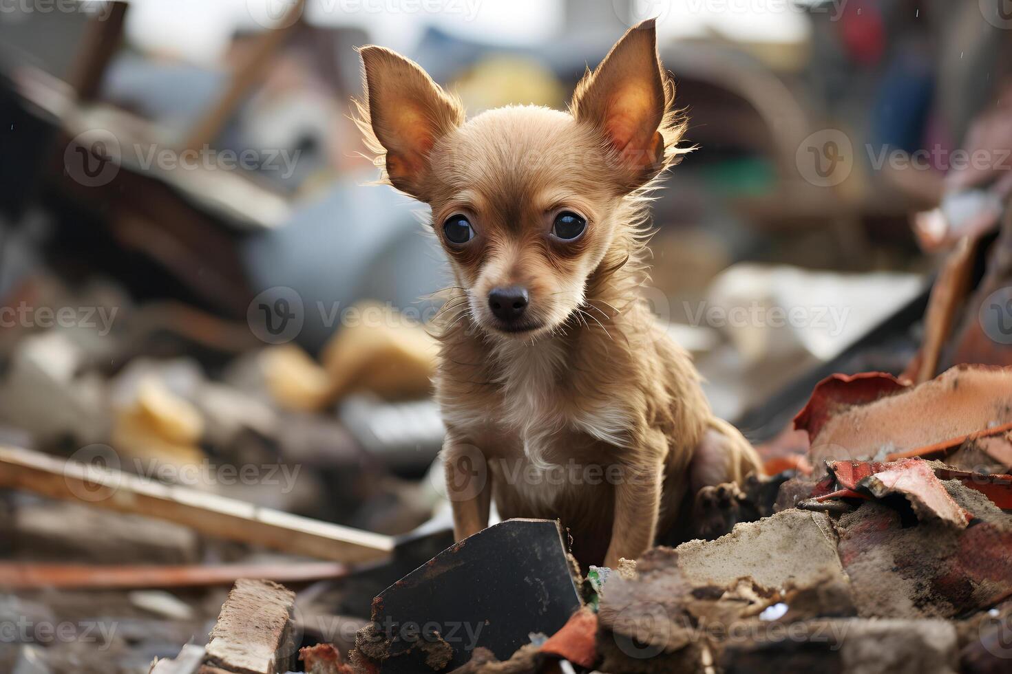 AI generated alone and hungry chihuahua after disaster on the background of house rubble, neural network generated image photo