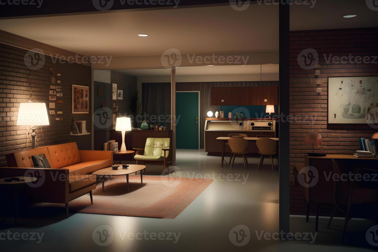 AI generated photorealistic mid century interior at summer night, neural network generated photorealistic image photo