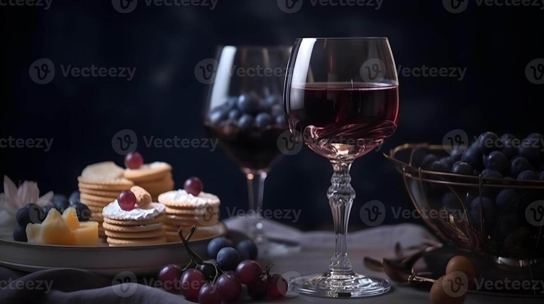 AI generated transparent glasses with red wine in front of grapes and small cakes, neural network generated image photo