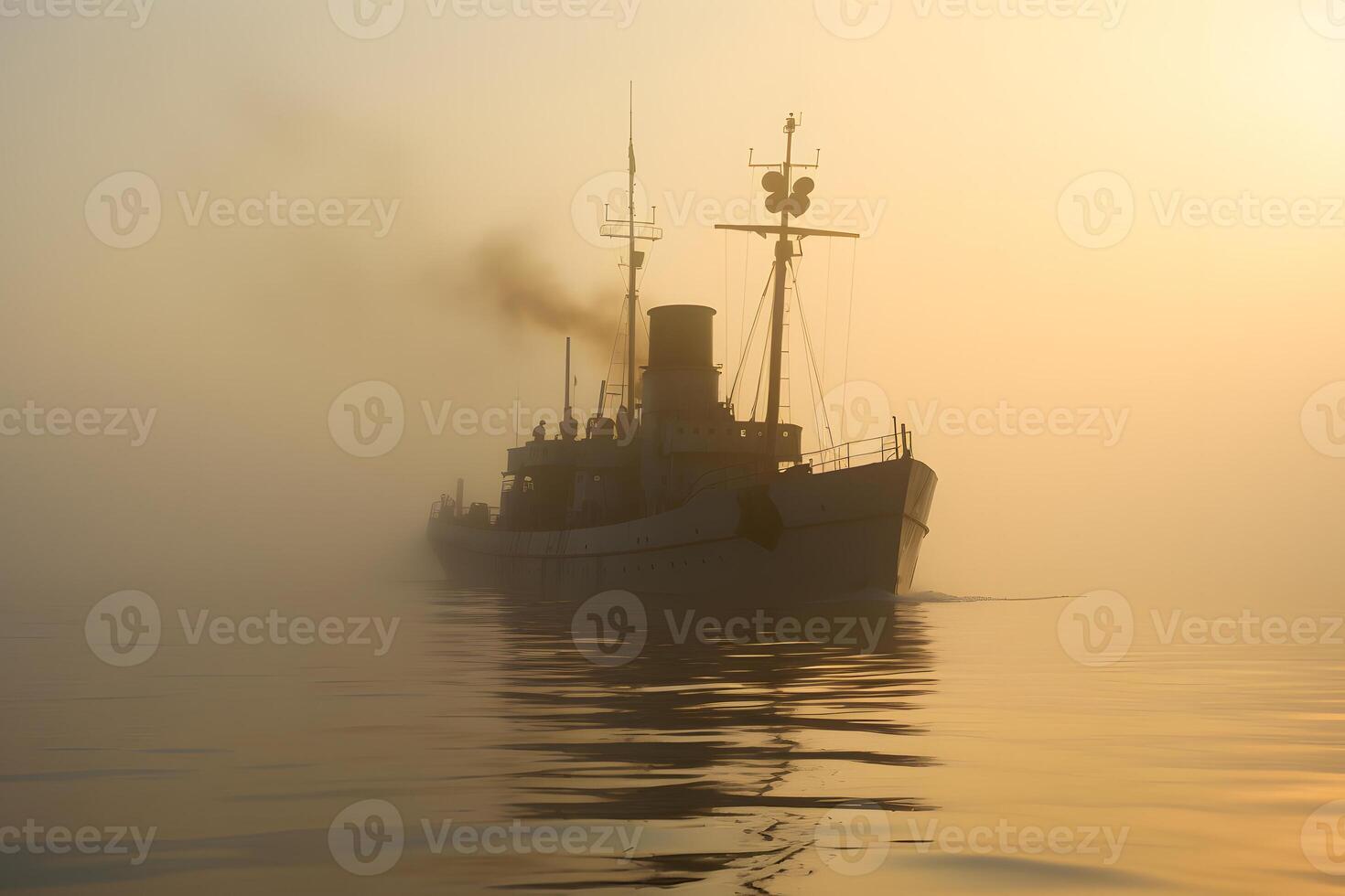 AI generated spectral ghost ship at foggy morning or evening. Neural network generated image photo