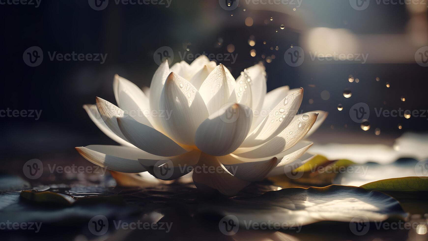 AI generated zen ambience - lotus flower on water surface with bokeh. Neural network generated image photo