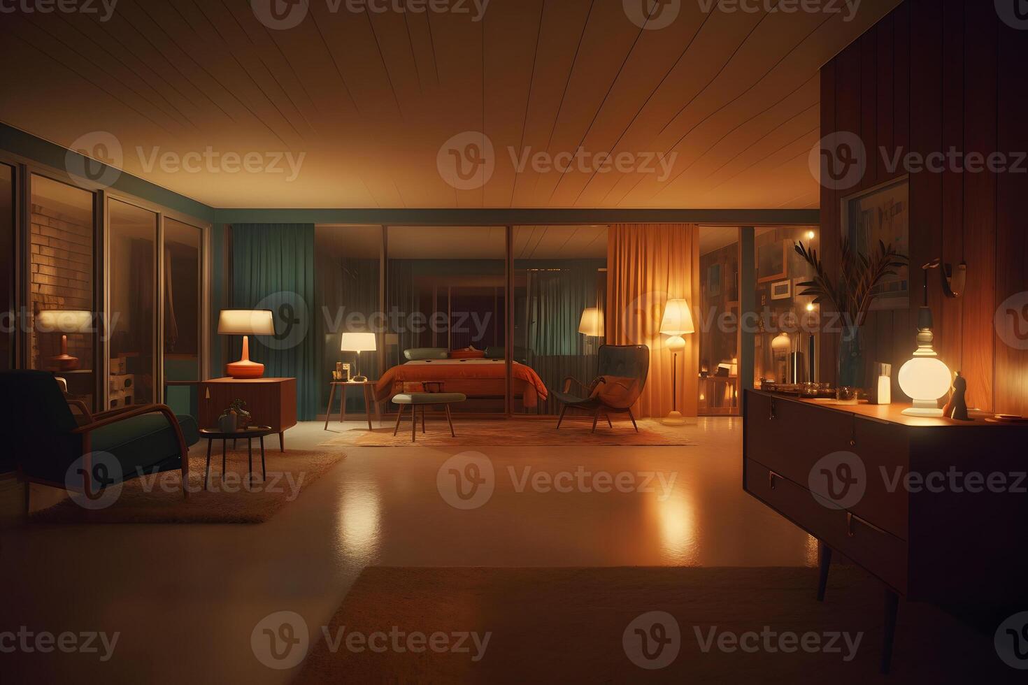 AI generated photorealistic mid century interior at summer night, neural network generated photorealistic image photo