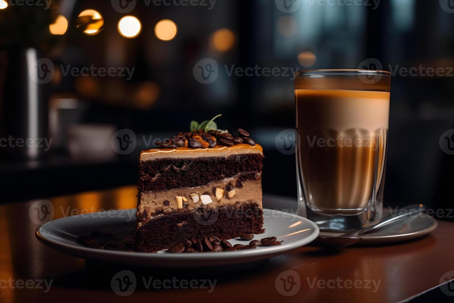 AI generated chocolate cake with glass cup of coffee on cafe table, neural network generated image photo