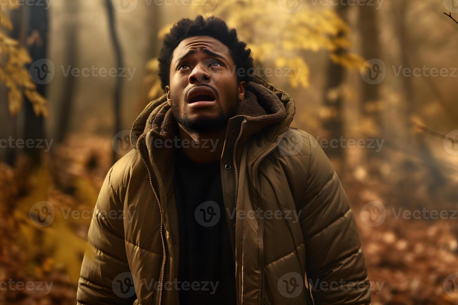 AI generated African American man lost in forest at autumn evening, neural network generated photorealistic image photo