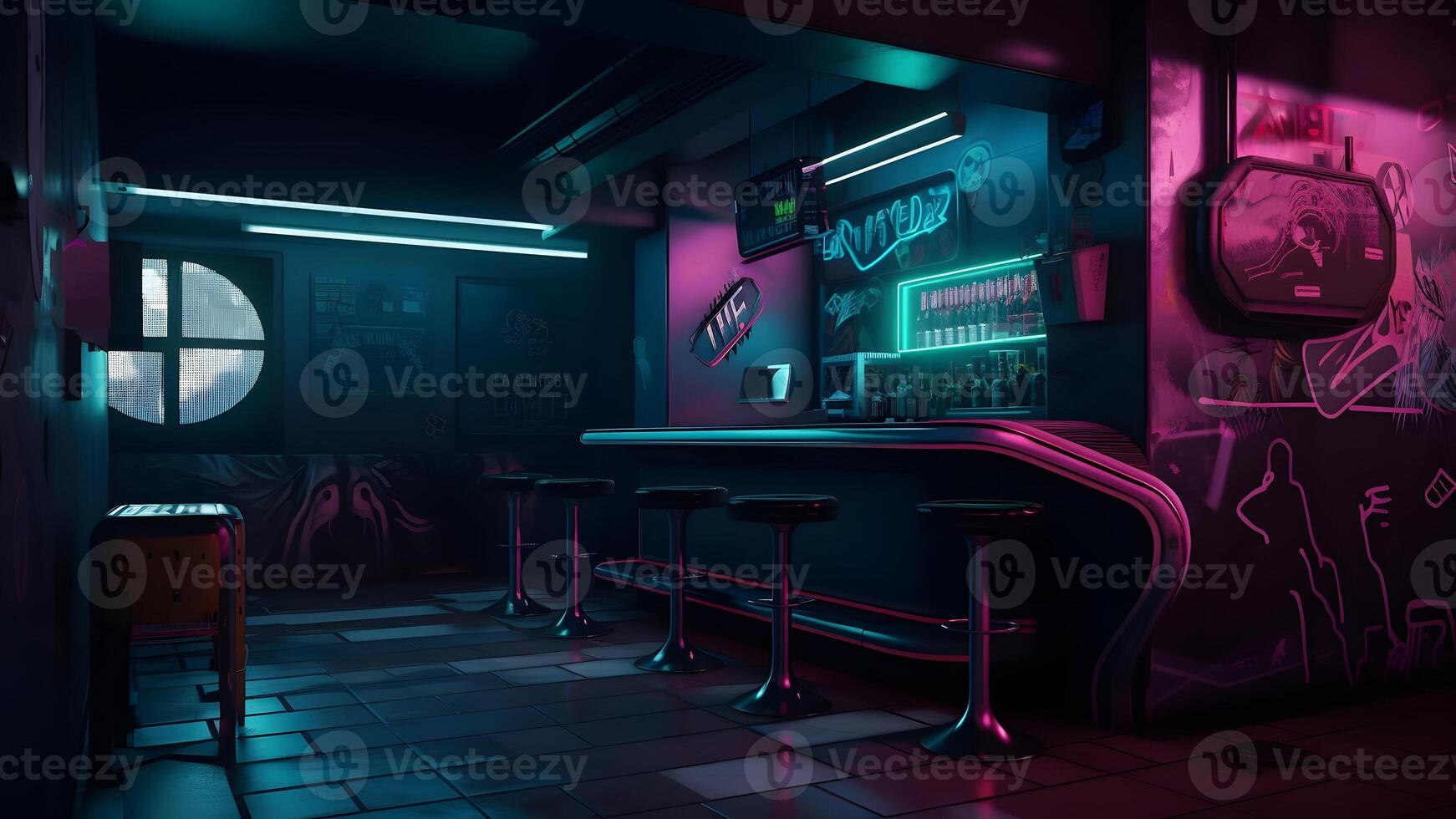 AI generated cyberpunk style bar dark interior concept with neon lights, neural network generated image photo