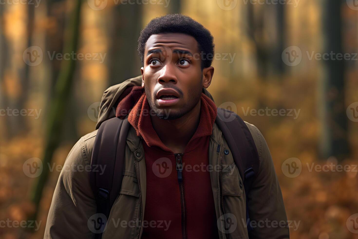AI generated African American man lost in forest at autumn day, neural network generated photorealistic image photo