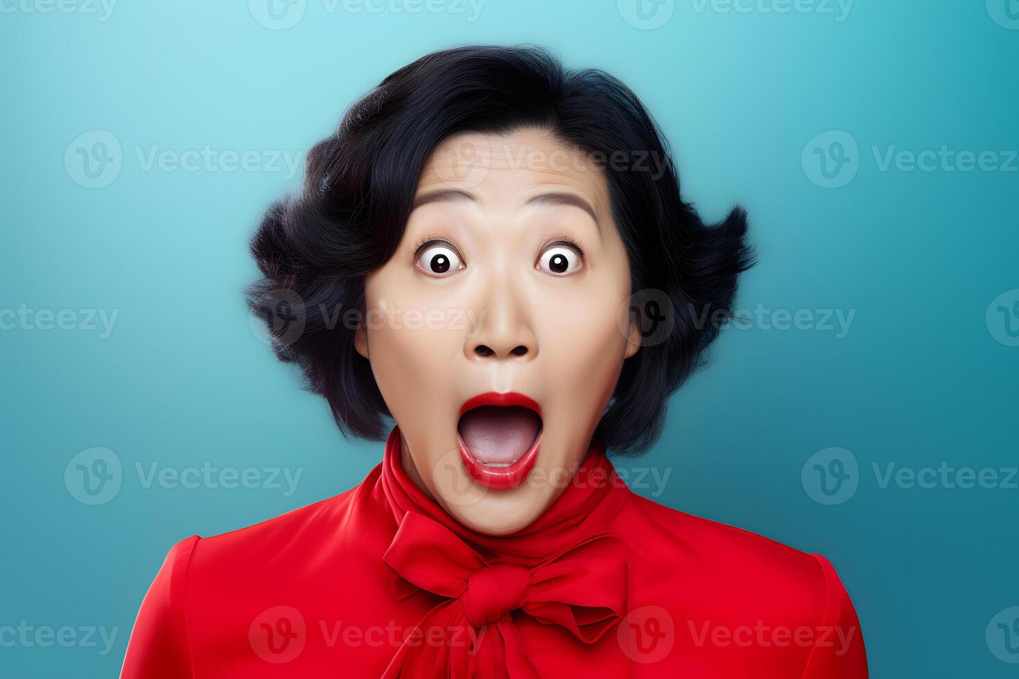 AI generated Surprised Asian woman on blue background. Neural network generated photorealistic image. photo