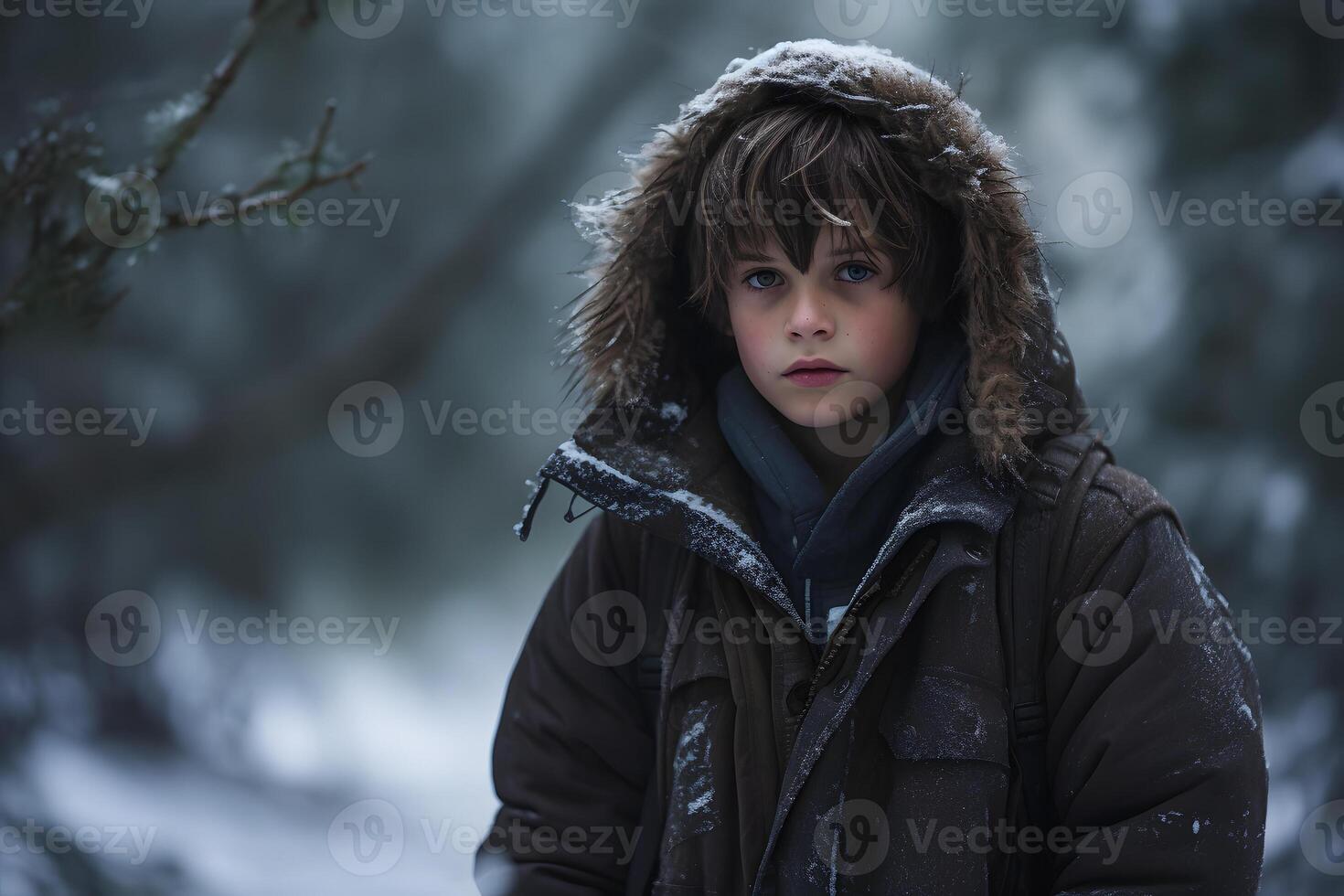 AI generated Caucasian boy lost in forest at snowy winter day, neural network generated photorealistic image photo