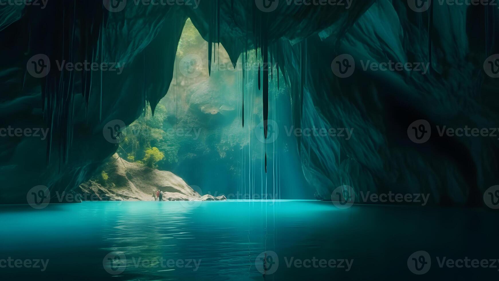 AI generated view from deep within a cave of a turquoise blue lake, neural network generated image photo