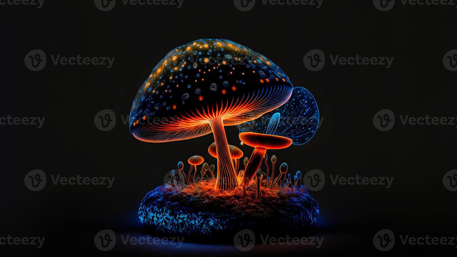 AI generated glowing magic mushroom on black background, neural network generated art photo