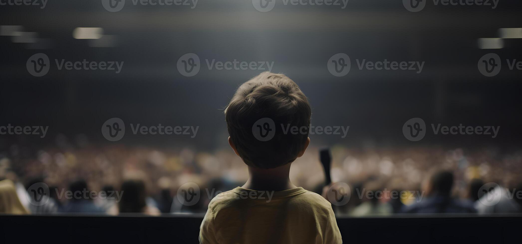 AI generated Small child gives a speech on stage in front of thousands people crowd, view from behind, neural network generated picture photo