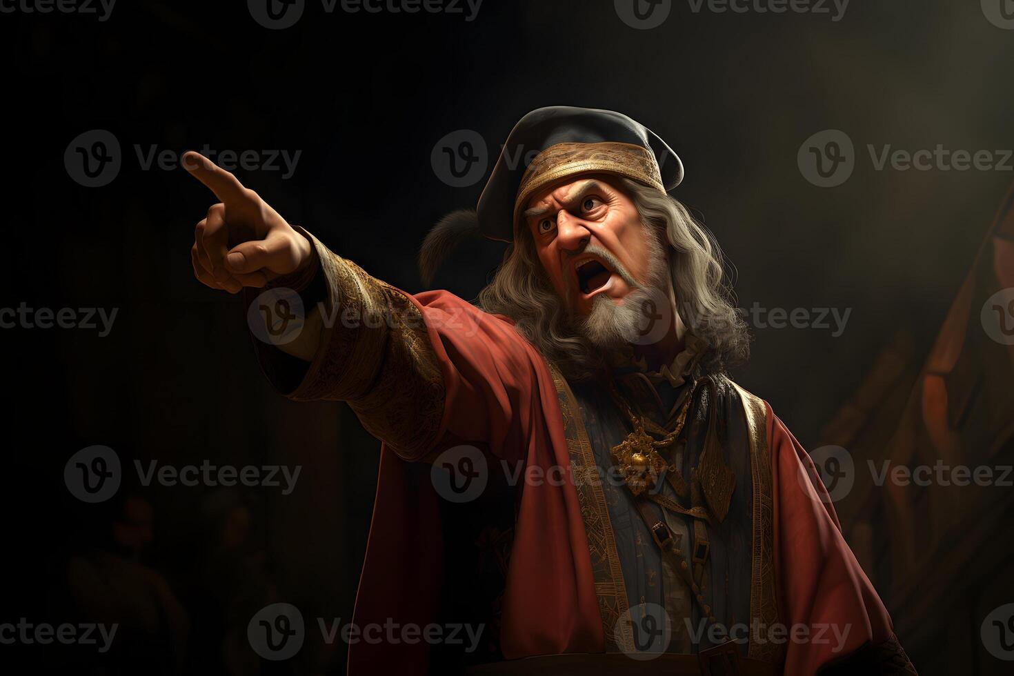 AI generated Medieval king on black background points finger on black background, neural network generated image photo