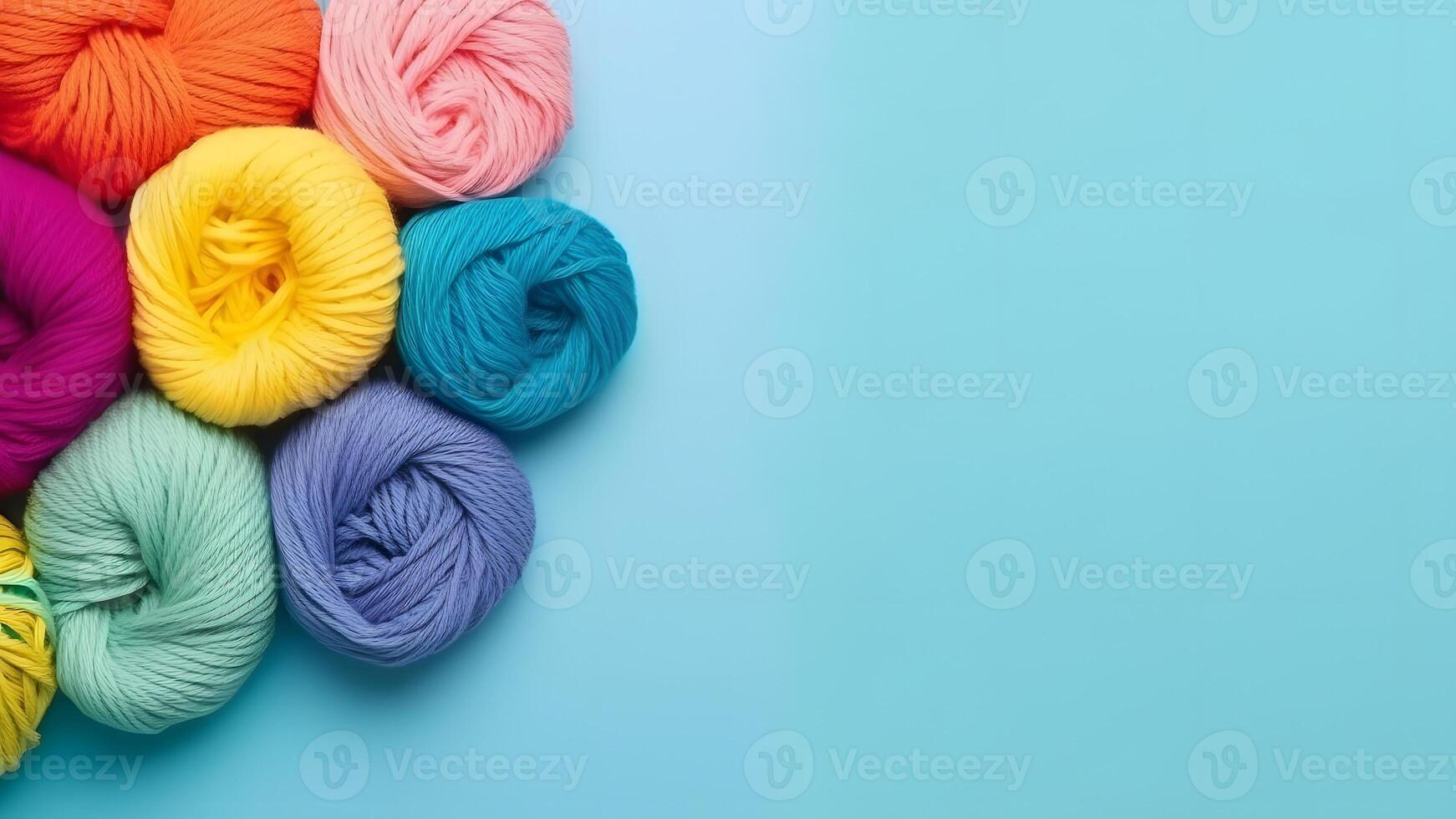 AI generated Knitting background with rainbow colorful yarn over blue background with copy space, neural network generated picture photo